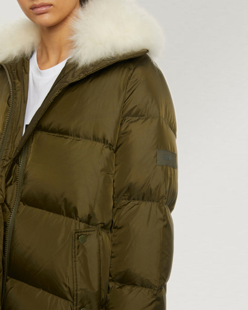 "A" line down jacket with lambskin collar in vaporous wool