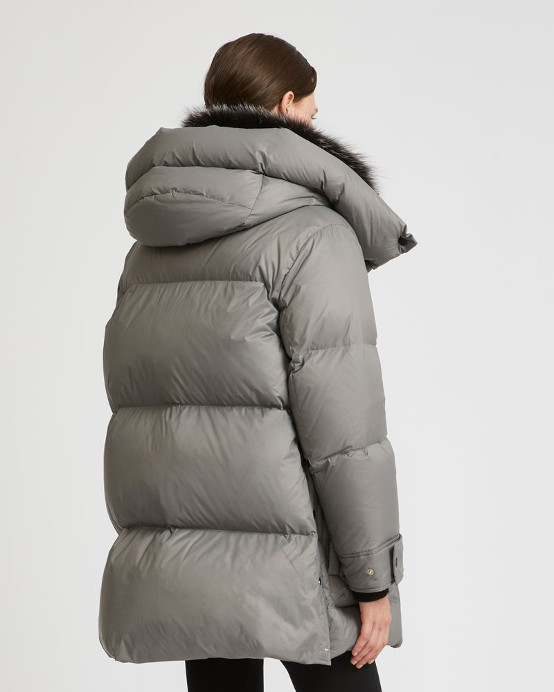 3/4 down jacket in water-repellent technical fabric with fox fur collar trim - grey - Yves Salomon