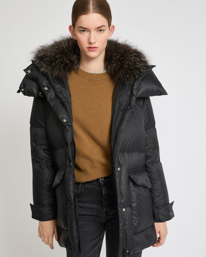 3/4 down jacket in water-repellent technical fabric with fox fur collar trim - black - Yves Salomon