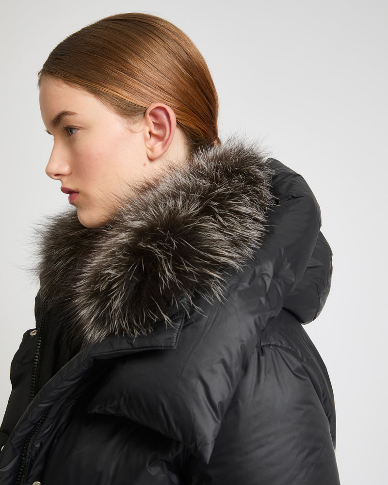 3/4 down jacket in water-repellent technical fabric with fox fur collar trim - black - Yves Salomon