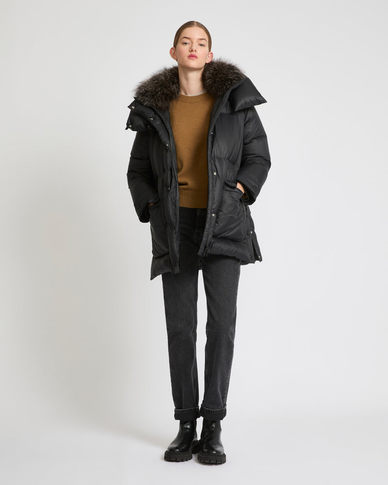 3/4 down jacket in water-repellent technical fabric with fox fur collar trim - black - Yves Salomon