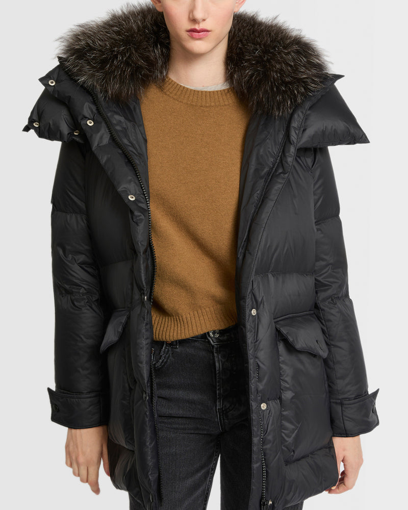 3/4 down jacket in water-repellent technical fabric with fox fur collar trim