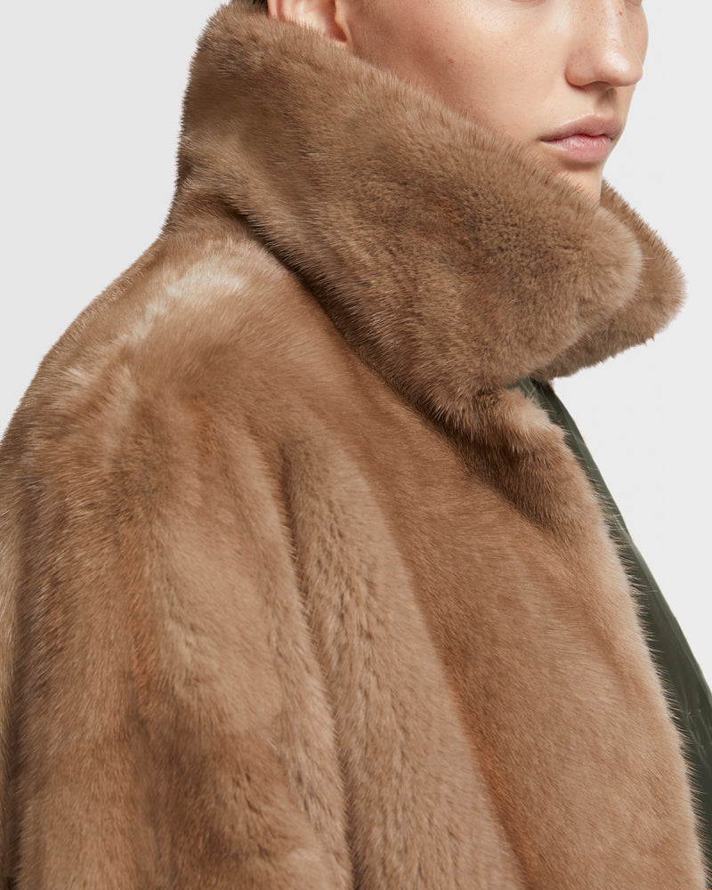 Mink fur and reversible technical fabric shirt collar parka