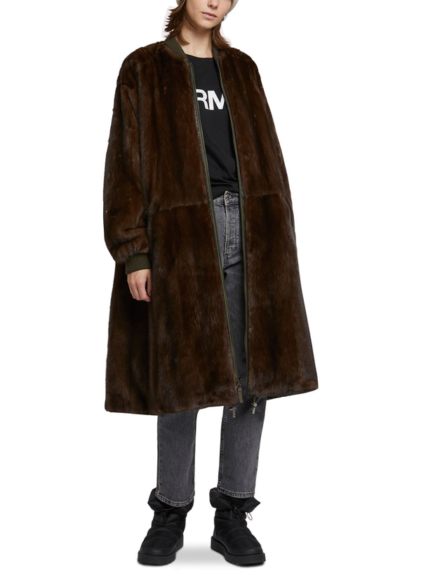 Long bomber parka style jacket in mink fur and reversible technical fabric