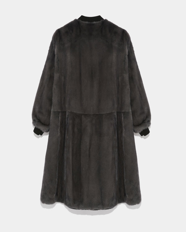 Reversible parka bomber jacket in water-repellent technical fabric and long-haired mink fur