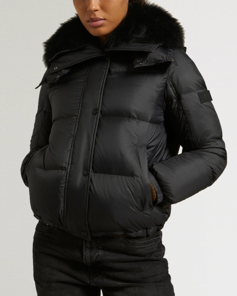 Down jacket in water-repellent technical fabric with collar trim in fluffy lambswool-Yves Salomon-Winter sale & boxing day