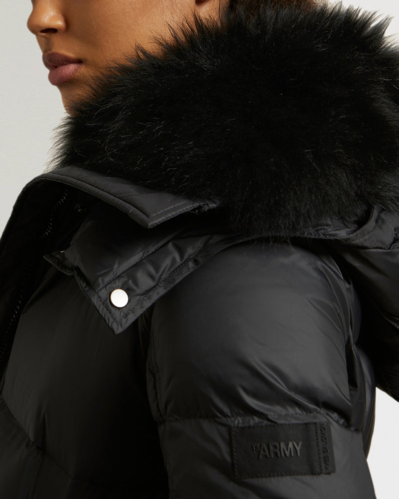 Down jacket in water-repellent technical fabric with collar trim in fluffy lambswool-Yves Salomon-Winter sale & boxing day