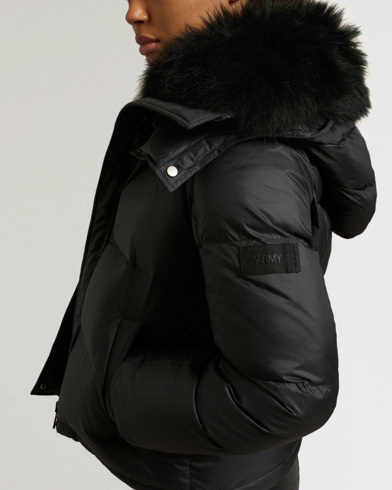 Down jacket in water-repellent technical fabric with collar trim in fluffy lambswool-Yves Salomon-Winter sale & boxing day