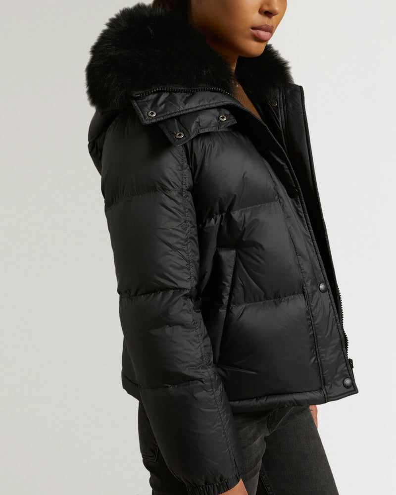 Down jacket in water-repellent technical fabric with collar trim in fluffy lambswool-Yves Salomon-Winter sale & boxing day