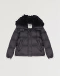 Down jacket in water-repellent technical fabric with collar trim in fluffy lambswool