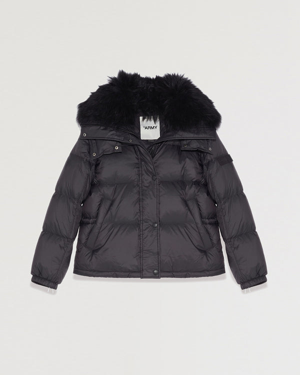 Down jacket in water-repellent technical fabric with collar trim in fluffy lambswool-Yves Salomon-Winter sale & boxing day