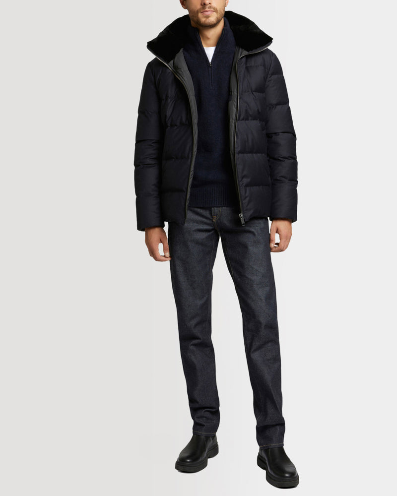 Short down jacket in Loro Piana fabric with dehaired mink fur inside collar