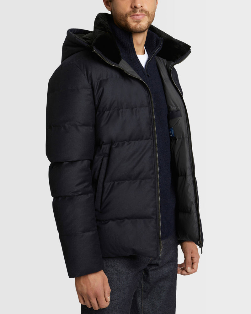 Short down jacket in Loro Piana fabric with dehaired mink fur inside collar