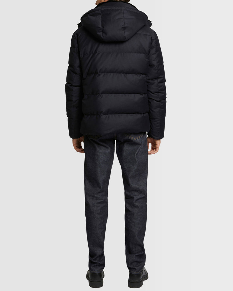 Short down jacket in Loro Piana fabric with dehaired mink fur inside collar