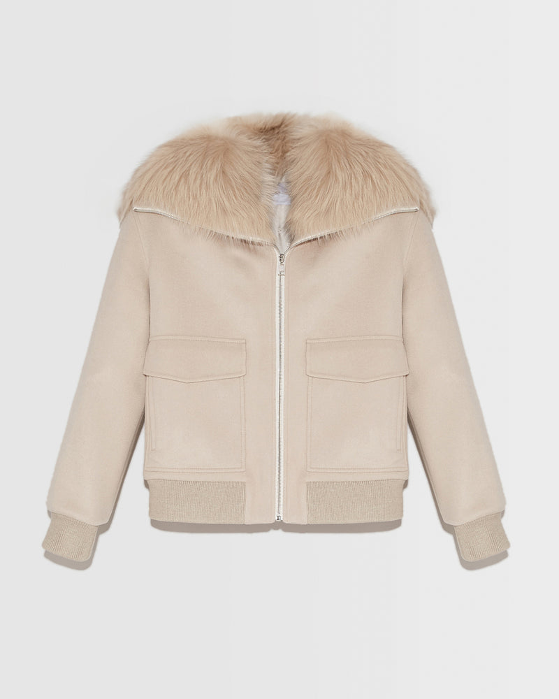 Cashmere woollen fabric jacket with fox fur collar