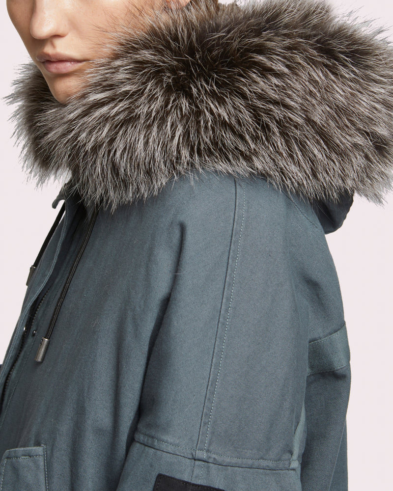 Short parka in cotton with fox and rabbit fur