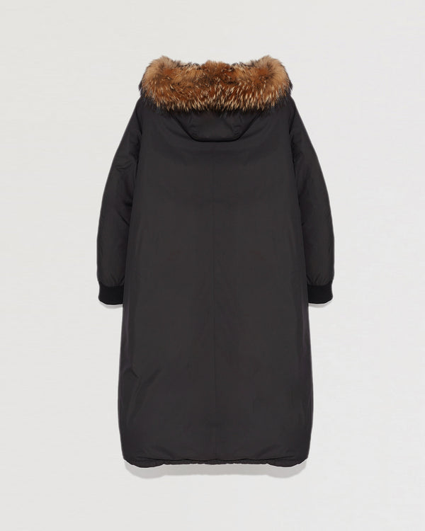 Long hooded down jacket with marmot fur