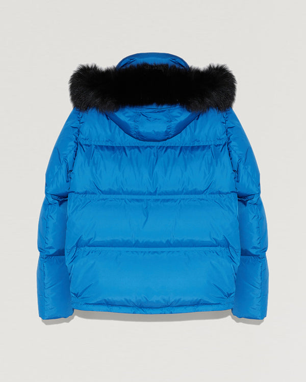 Hooded down jacket in technical gabardine with fox fur-Yves Salomon-Winter sale & boxing day