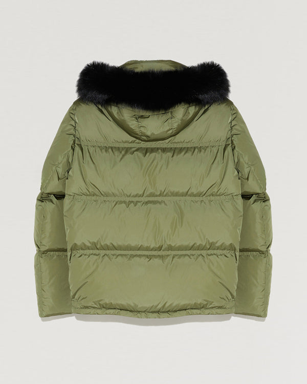 Hooded down jacket in technical gabardine with fox fur