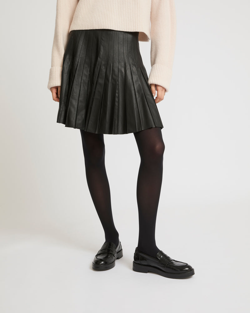 Pleated mini skirt in thin lambskin leather - black - Yves Salomon