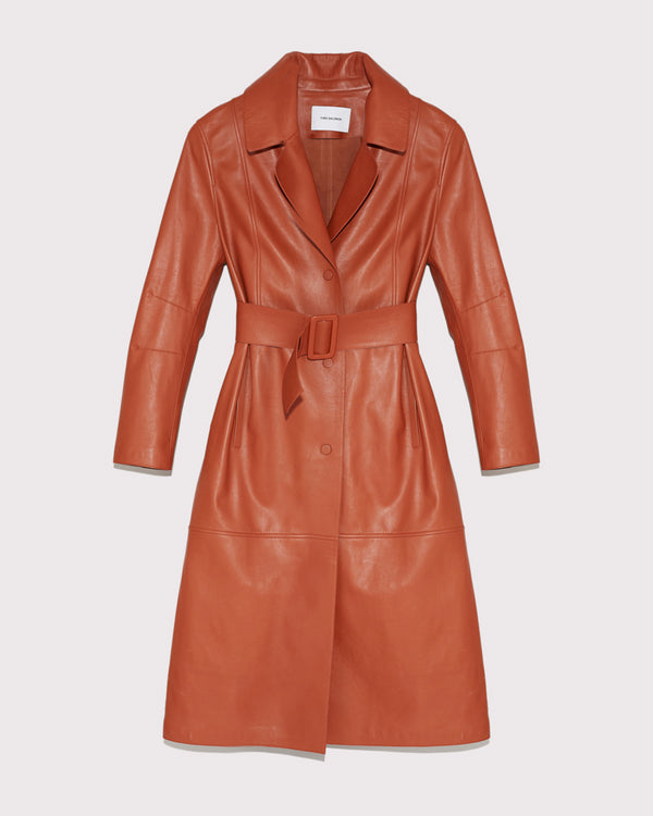 Long belted leather trench coat