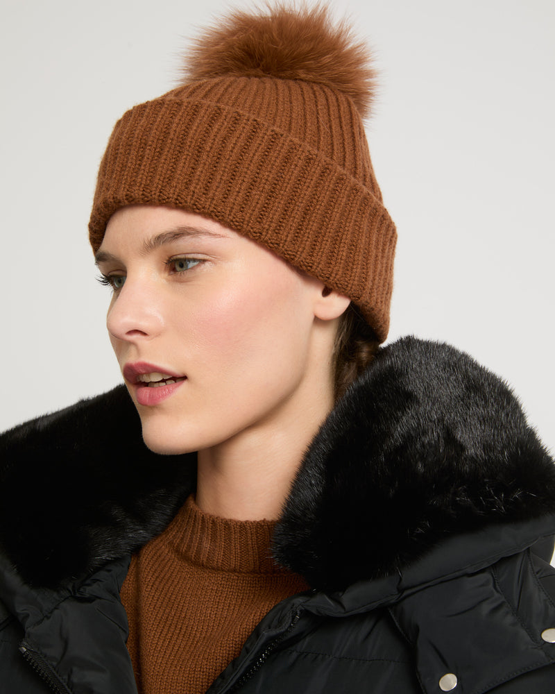 Cashmere and wool knit beanie with fox fur pompom - brown - Yves Salomon