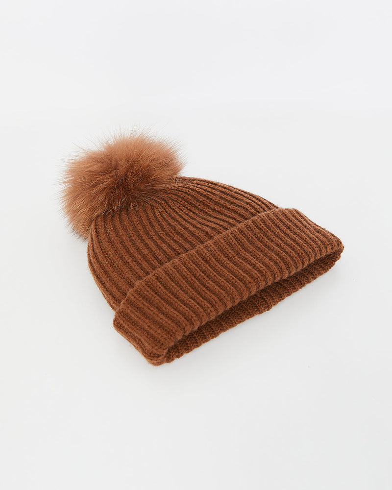 Cashmere and wool knit beanie with fox fur pompom - brown - Yves Salomon