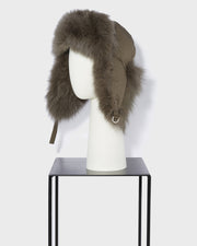 Ushanka in quilted technical fabric with fox fur