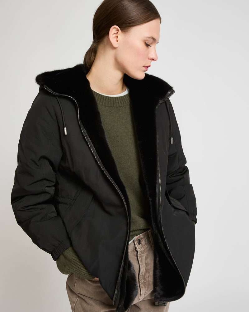 Reversible long parka in fabric and mink - black - Yves Salomon