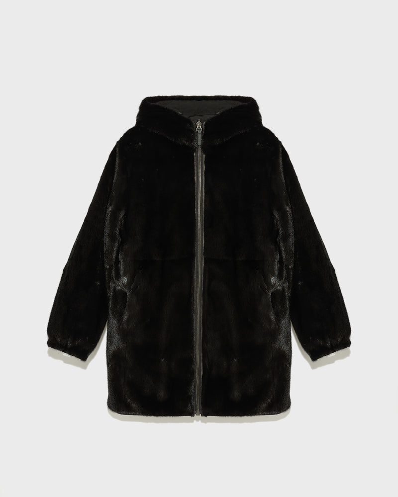 Reversible long parka in technical fabric and mink fur