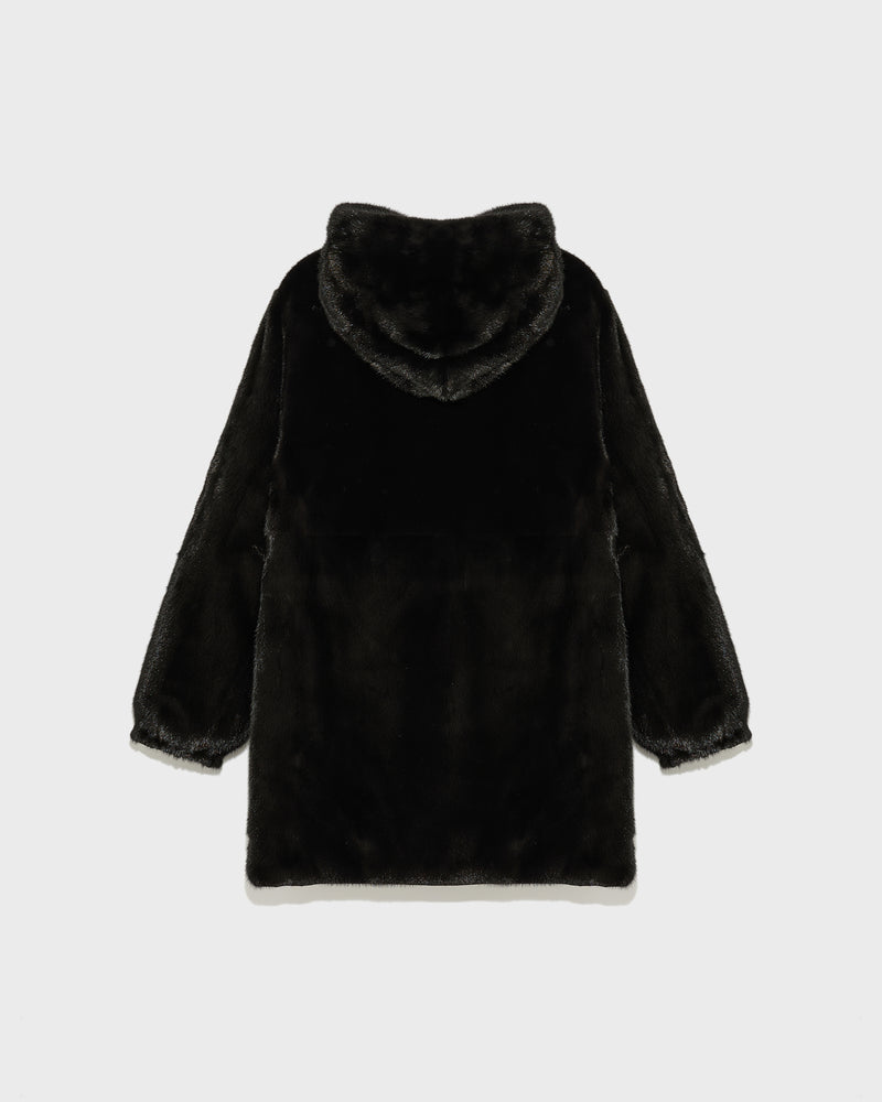 Reversible long parka in technical fabric and mink fur