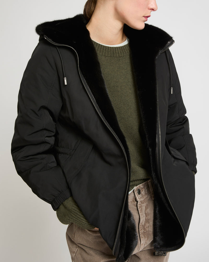 Reversible long parka in technical fabric and mink fur