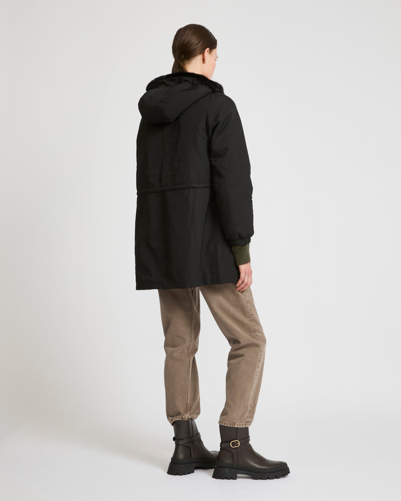 Reversible long parka in technical fabric and mink fur