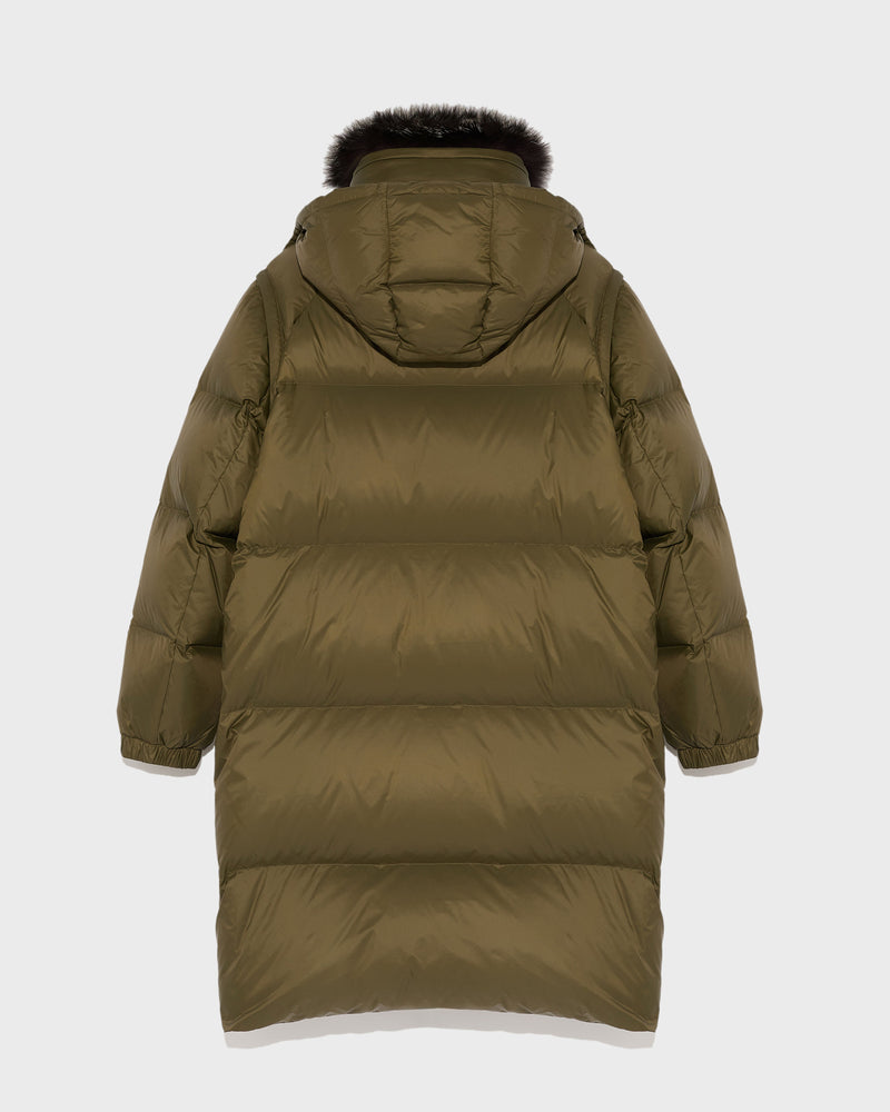 7/8 length down jacket with fox fur collar - khaki green - Yves Salomon