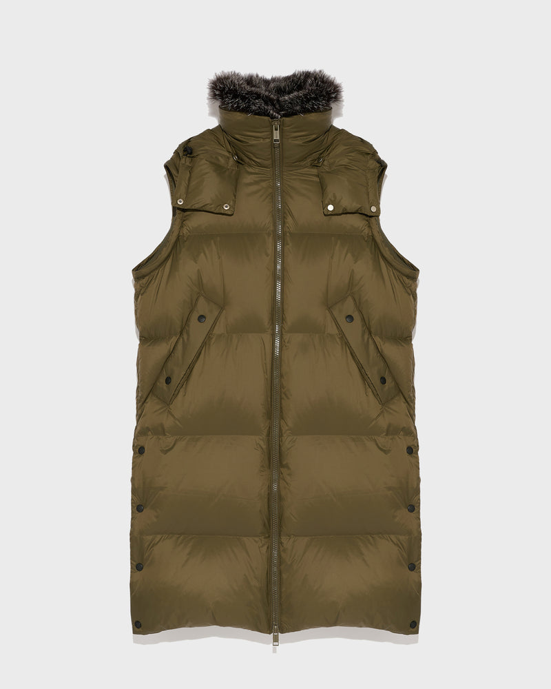 7/8 length down jacket with fox fur collar - khaki green - Yves Salomon