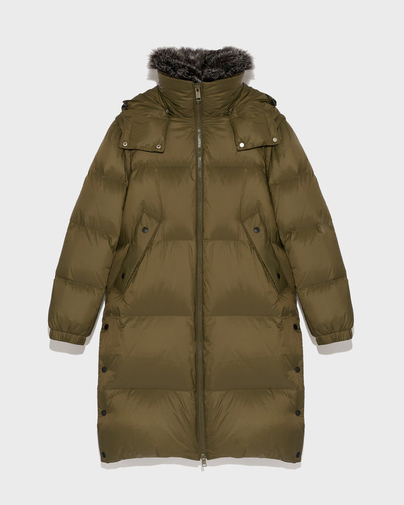 7/8 length down jacket with fox fur collar - khaki green - Yves Salomon