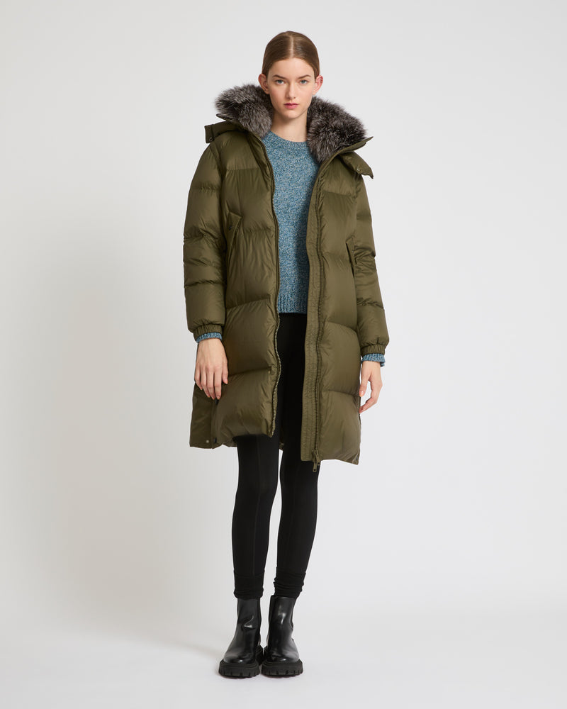 7/8 length down jacket with fox fur collar - khaki green - Yves Salomon