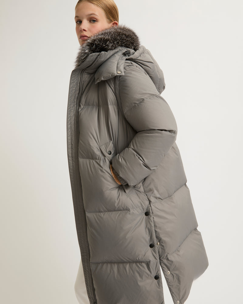 7/8 length down jacket with fox fur collar - grey - Yves Salomon