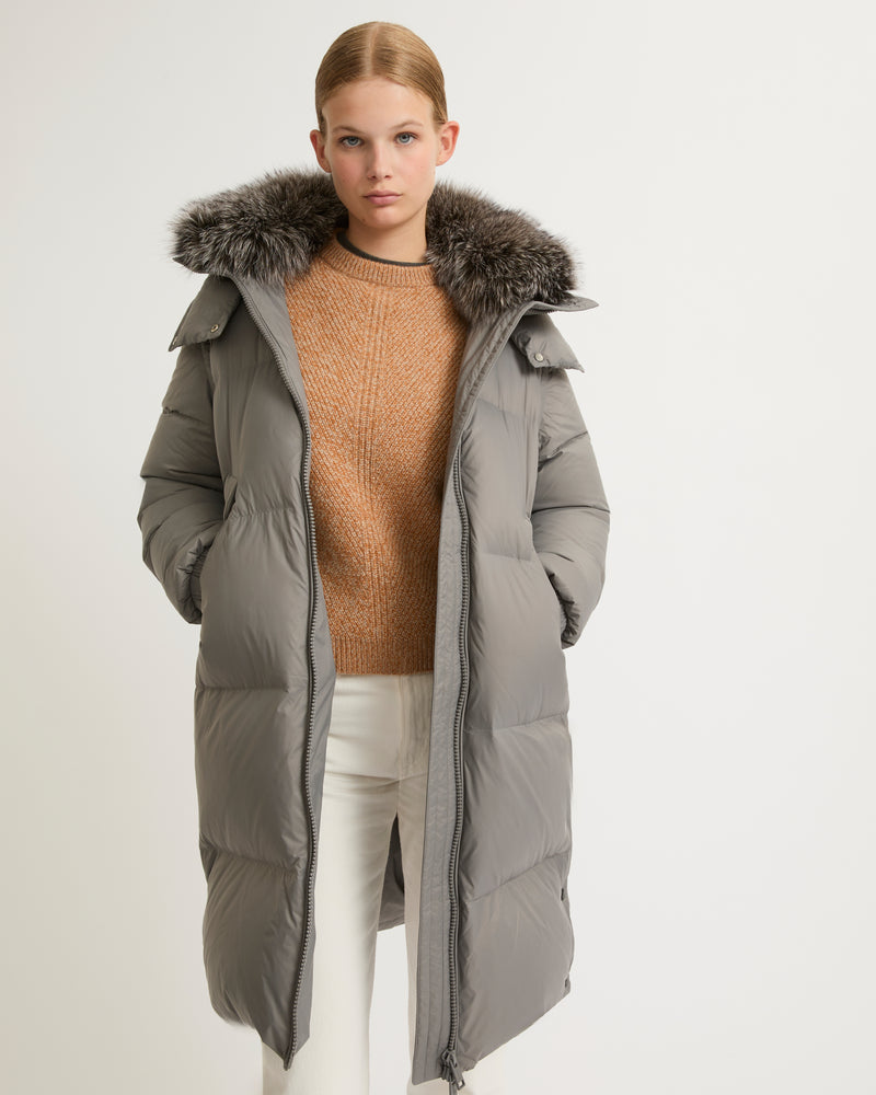 7/8 length down jacket with fox fur collar - grey - Yves Salomon