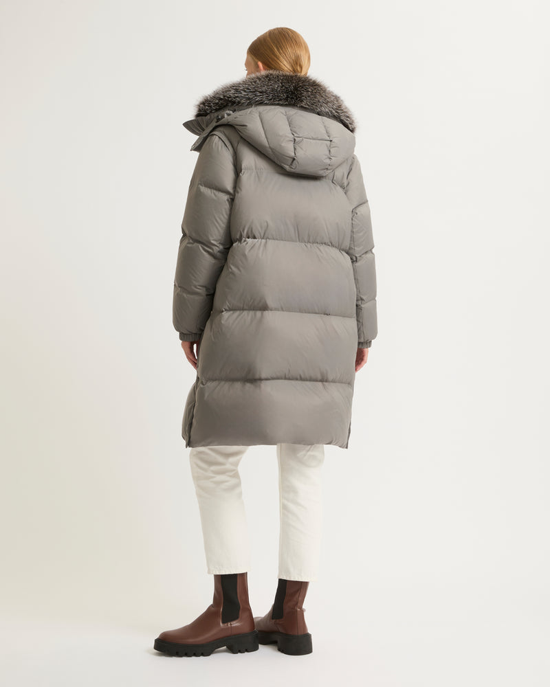 7/8 length down jacket with fox fur collar - grey - Yves Salomon