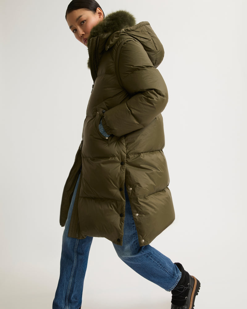 Long down jacket in water-repellent technical fabric with collar trim in fluffy lambswool - khaki green - Yves Salomon