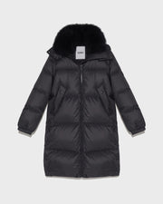 7/8 Long down jacket in water-repellent technical fabric with collar trim in fluffy lambswool