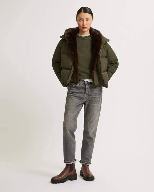 A line down jacket in technical fabric with long-haired mink hooded bib - khaki - Yves Salomon