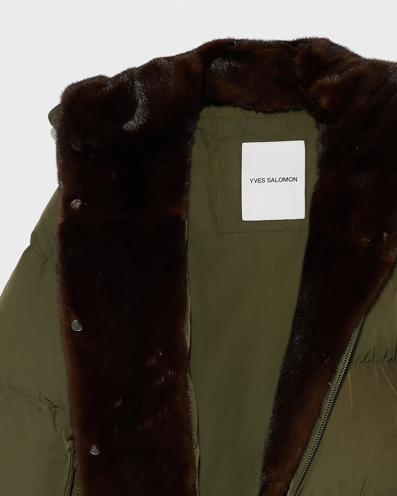 A line down jacket in technical fabric with long-haired mink hooded bib - khaki - Yves Salomon