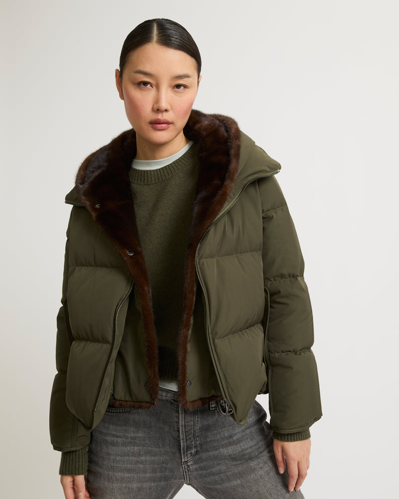 A line down jacket in technical fabric with long-haired mink hooded bib - khaki - Yves Salomon