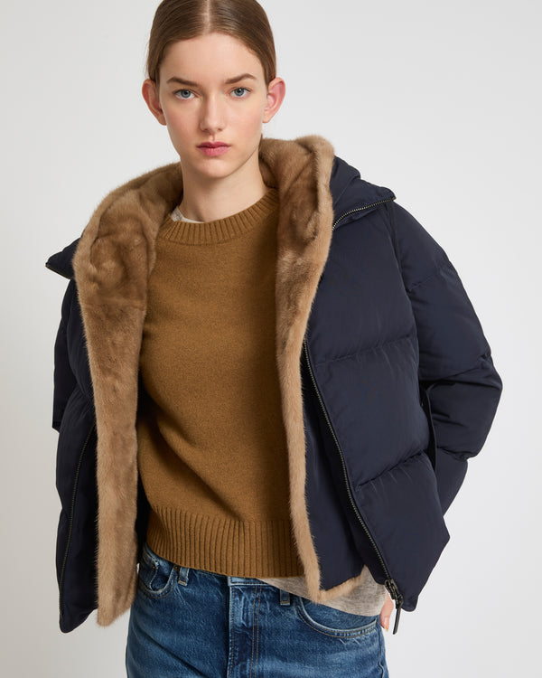 A line down jacket in technical fabric with long-haired mink hooded bib - khaki - Yves Salomon