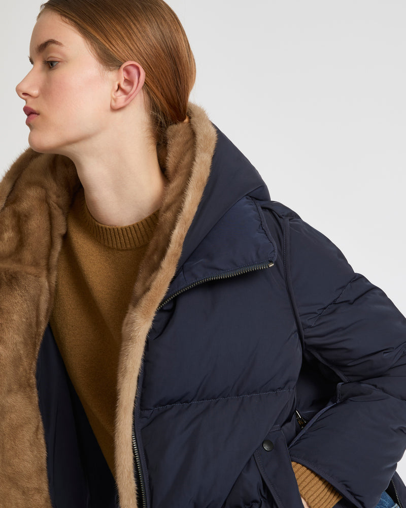 A line down jacket in technical fabric with long-haired mink hooded bib - khaki - Yves Salomon