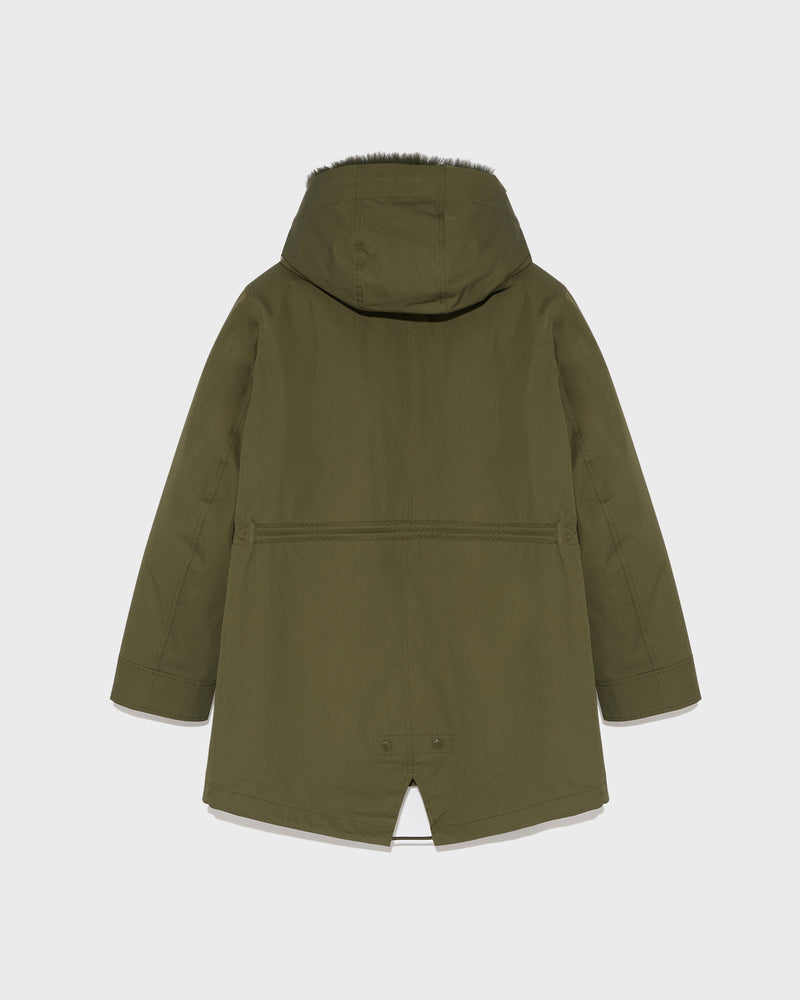 Short parka in waterproof cotton blend with fox and rabbit fur - khaki green - Yves Salomon