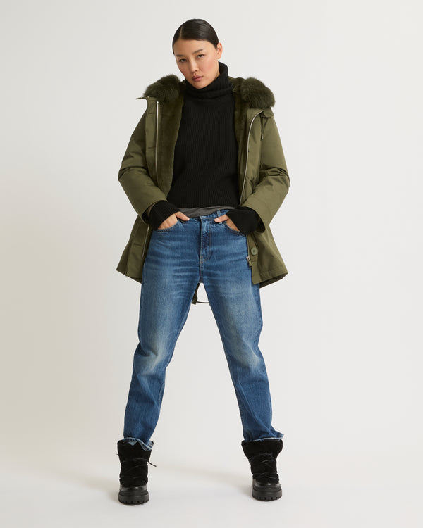 Short parka in waterproof cotton blend with fox and rabbit fur - khaki green - Yves Salomon