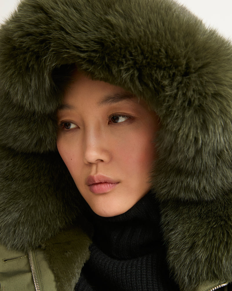 Short parka in waterproof cotton blend with fox and rabbit fur - khaki green - Yves Salomon